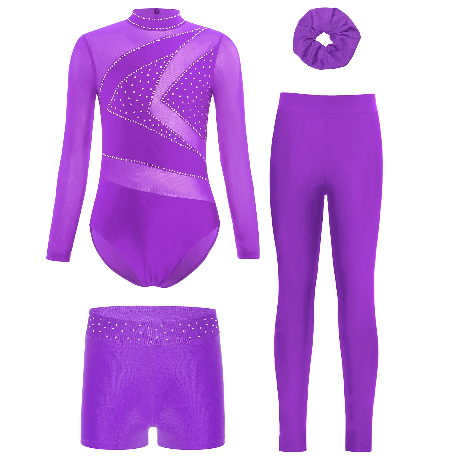 

4Pcs/Set Kids Girls Gymnastics Figure Skating Dance Costume Mesh Long Sleeve Shiny Rhinestones Leotard+Shorts+Leggings+Hairband