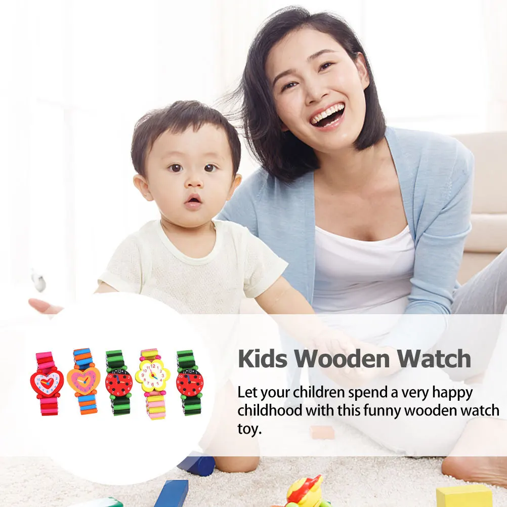 5 pezzi di cartone animato orologio in legno giocattoli per bambini colore brillante tempo cognitivo educativo falso orologio in legno per bambini apprendimento precoce