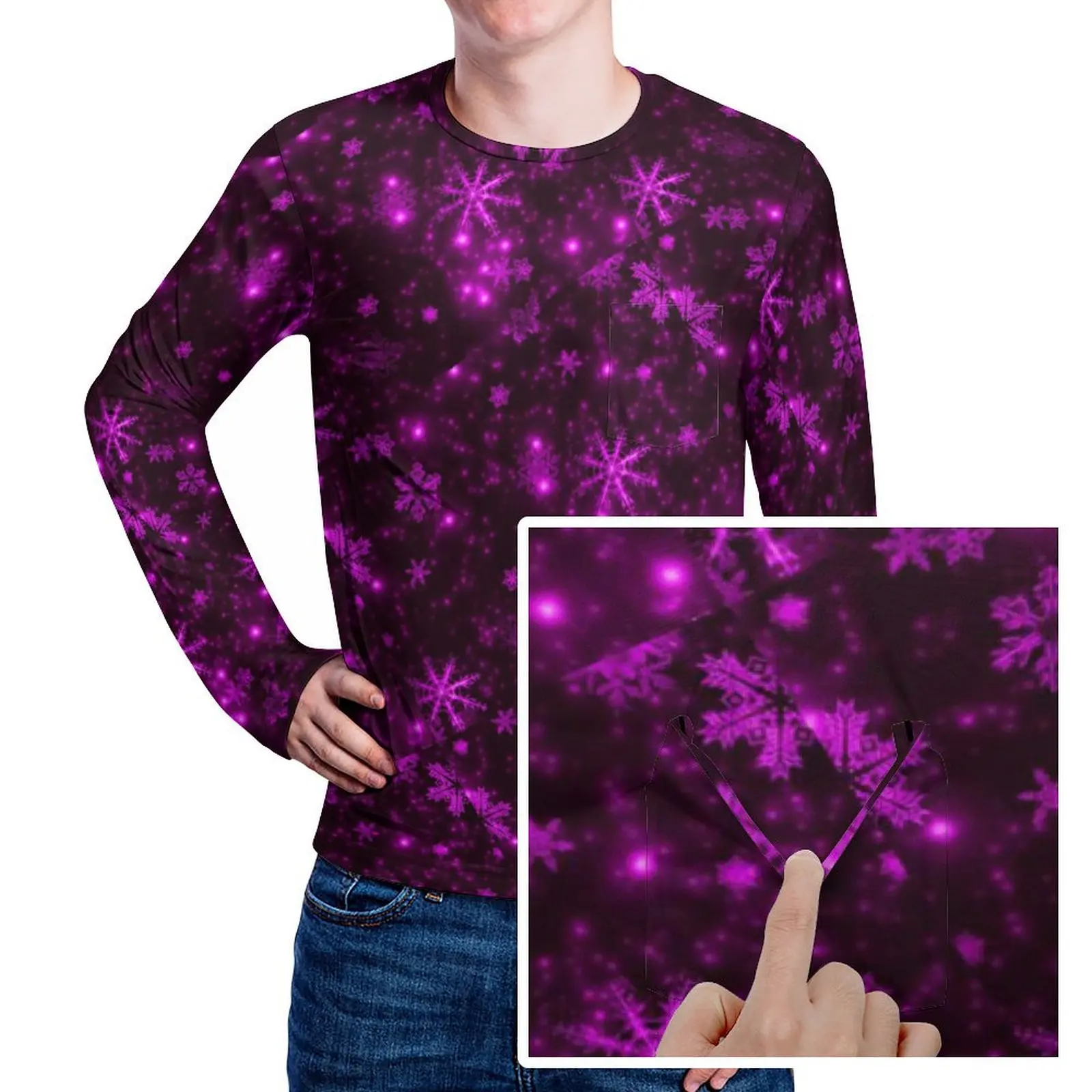 Snowflake Print T-Shirt Men Deep Purple Streetwear T-Shirts Daily Fashion Tee Shirt Long Sleeve Pattern Plus Size Tops