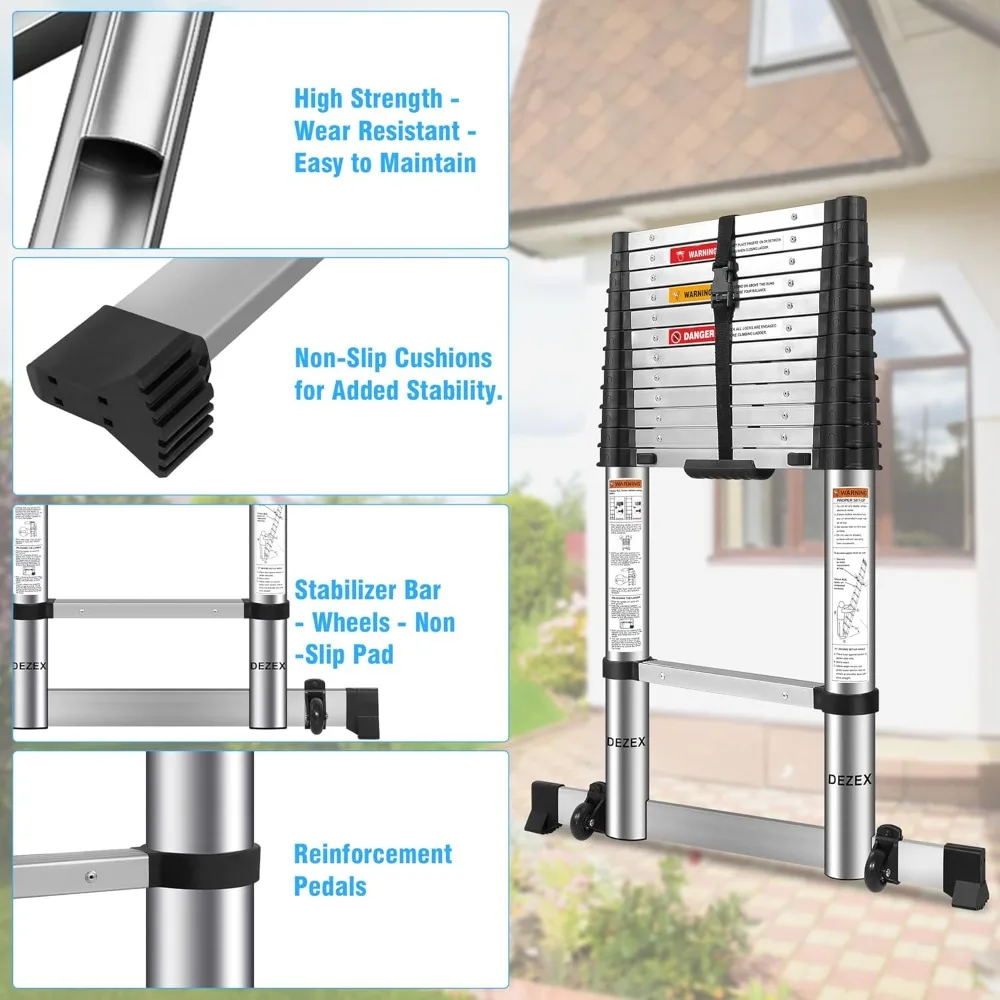 12.5 FT Stainless Steel Telescoping Ladders - One-Button Retraction Collapsible Extension Ladder for Home,RV,Attic