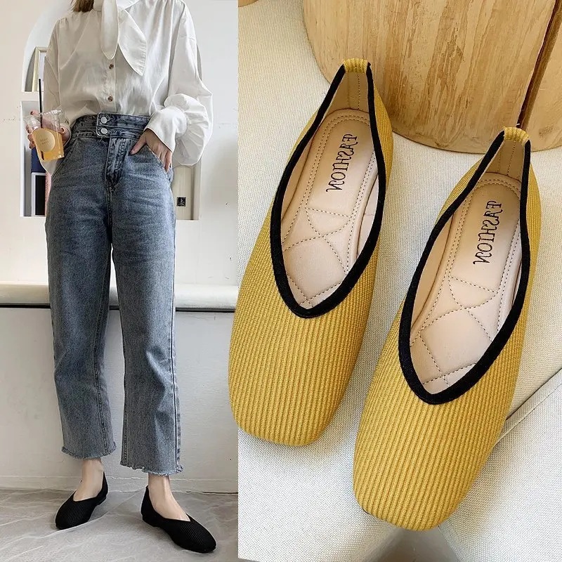 Modeschoenen voor dames Klassieke flats Dames Zomer Casual instappers met vierkante neus Holle stretchstof Vlinderknoop Platformflats