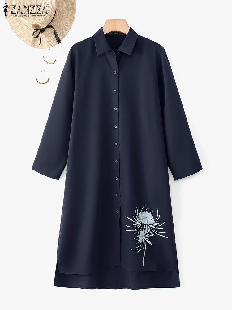 スタイリッシュなラペルネック長袖シャツワンピース 2025 ZANZEA 秋プリントワンピース レディース オフィス サンドレス カジュアル ハイロー ワークドレス