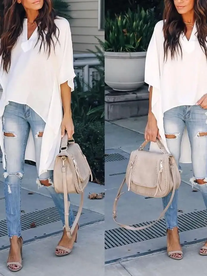 

Модная свободная блузка с V-образным вырезом, летний повседневный женский топ, уличный стиль, длинный рукав, стандартный крой, трикотаж из других материалов