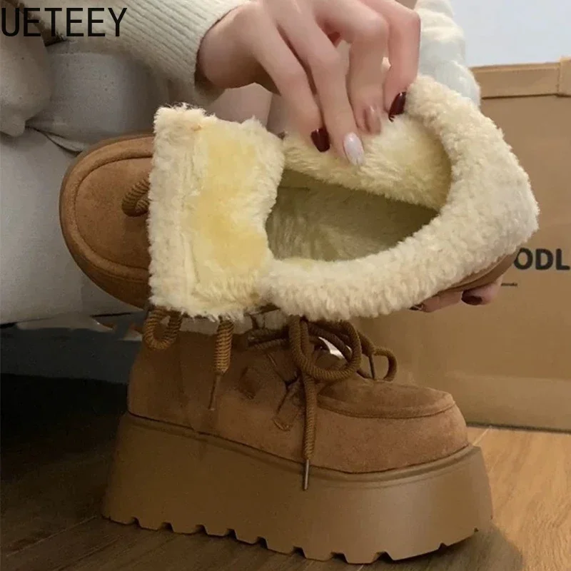 Winter Vintage Warm Cotton Women Snow Boots Fashion Lace Up Short Booties Concise Platform Heels Shoes