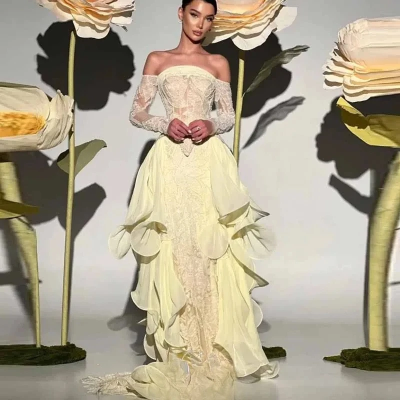 Customized Delicate Butter Yellow Quinceanera  Embroidery Wedding Dresses Premium Off Shoulder Mermaid Formal Bridal Gown