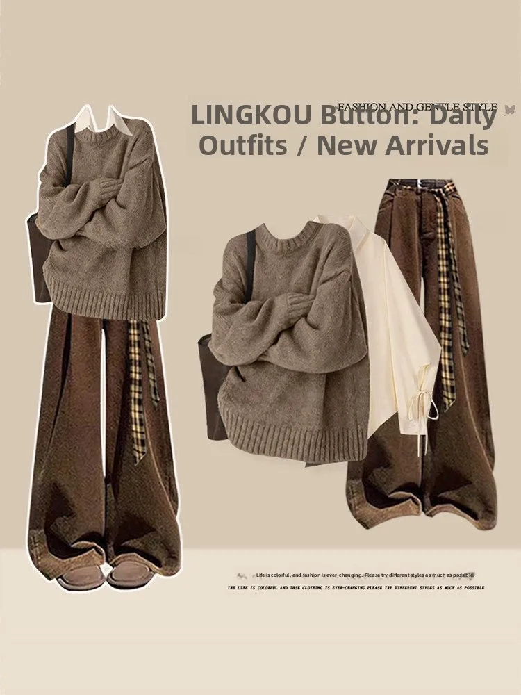 

Large Size Spring Vintage Knitted Sweater Set Women's Casual Wide Leg Pants Tee Piece Set Layering irt High Waist Trousers