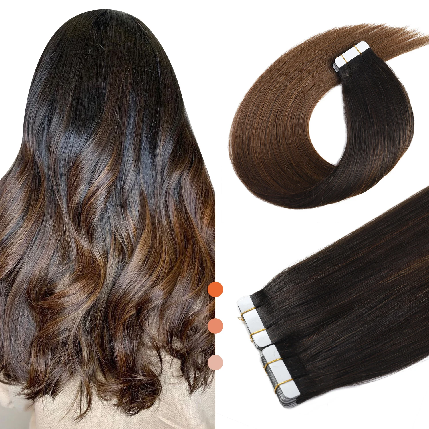 XDhair Tape In Hair Extensions Human Hair 1422 50g Balayage Ombre Black  to Brown Tape In Hair Extensions