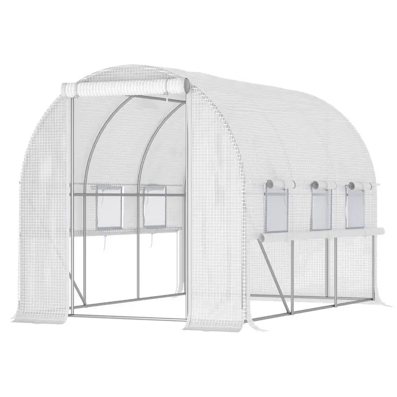 

10x7x7 Walk-in Tunnel Greenhouse, Outdoor Green House with Anti-Tear PE Cover, Zipper Doors, Mesh Windows, White