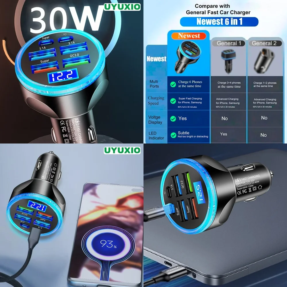 Fast Charging 6 Ports Car Charger LED Digital Display Super Fast for iPhone 17 16 15 14 Pro Max Plus Plug PD 30W Digital Display