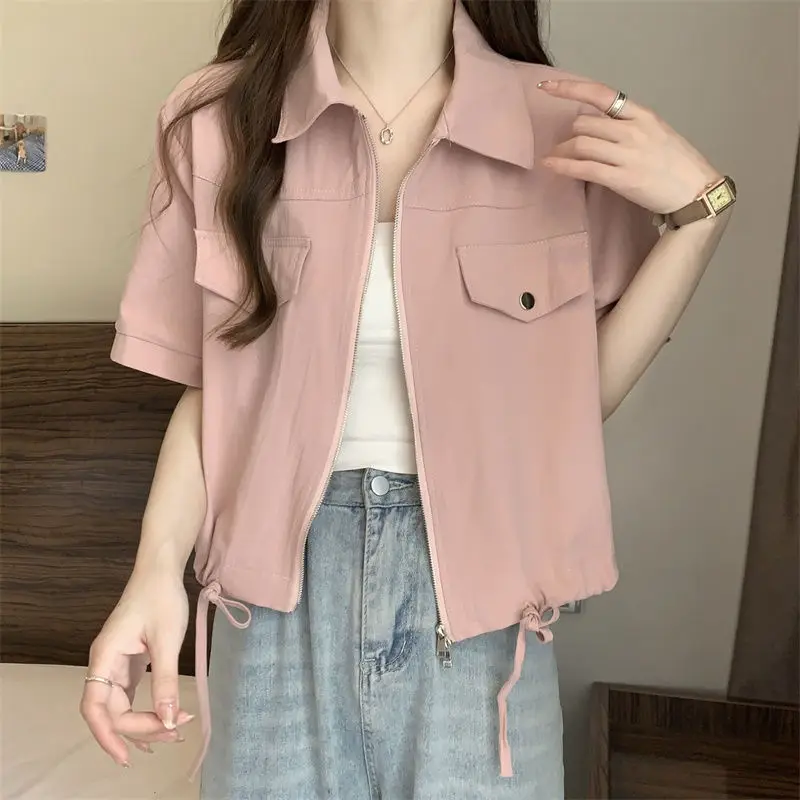 3 Colors Shirts Women Lace-up Literary Office Lady Summer Breathable Short-sleeve Simple Zip-up Designed Chic Korean Style Daily