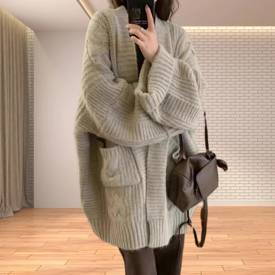 

FL корейский свободный вязаный кардиган, повседневная однотонная вязаная куртка средней длины, толстый осенне-зимний кардиган, женский карманный свитер