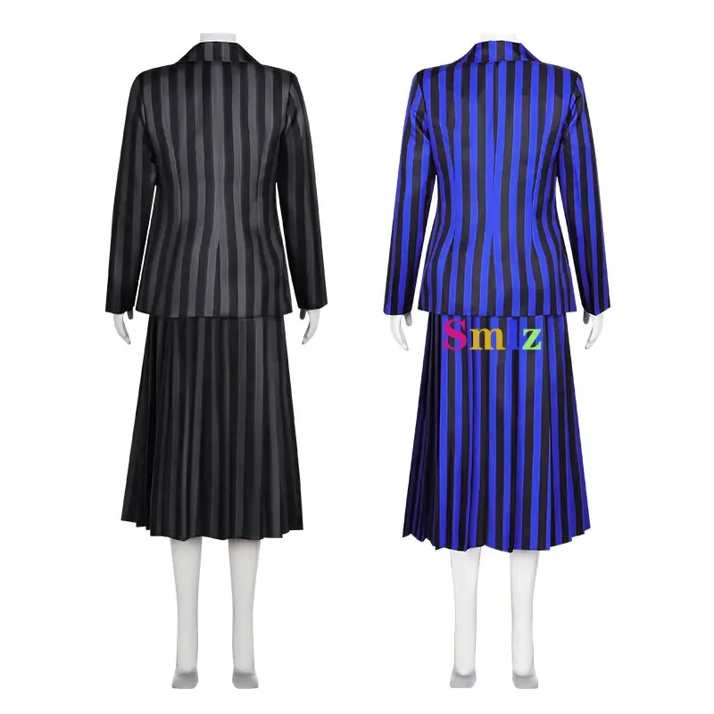 2025 New2 colores Anime Addams azul miércoles disfraz Cosplay chica escuela uniformes negros traje vestido mujer ropa de fiesta de Halloween AA