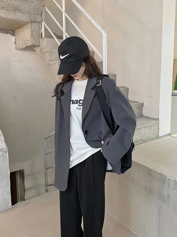 معطف Zoki Harajuku رمادي للنساء كوري فضفاض بأزرار واحدة سترة على طراز Preppy كاجوال بأكمام طويلة معطف ربيعي بسيط للسيدات