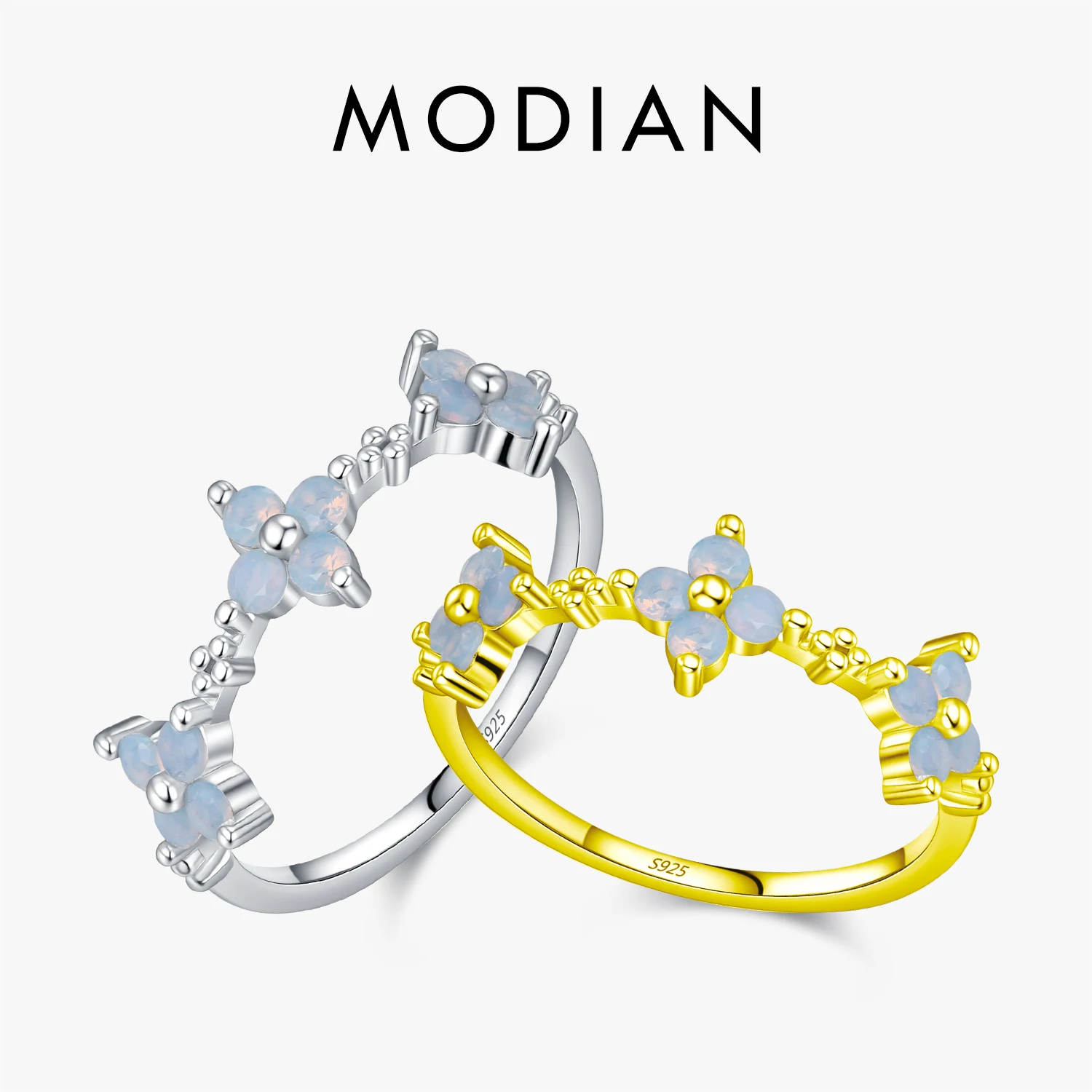 MODIAN 925 Sterling Silver Daily Sweet Opal Rings Trendy Four-Leaf Clover Eternity Band Rings For Women Fine Jewelry