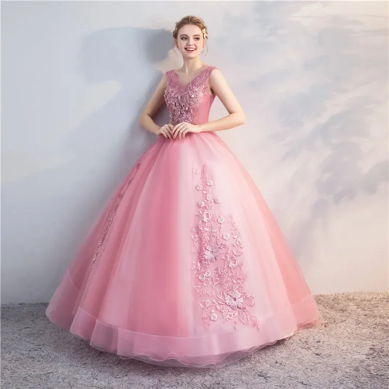 Robe De Bal Quinceanera Dresses Pink Beaded Appliques Elegant V-neck Floor-length Ball Gown Party Prom Formal Dress Customized