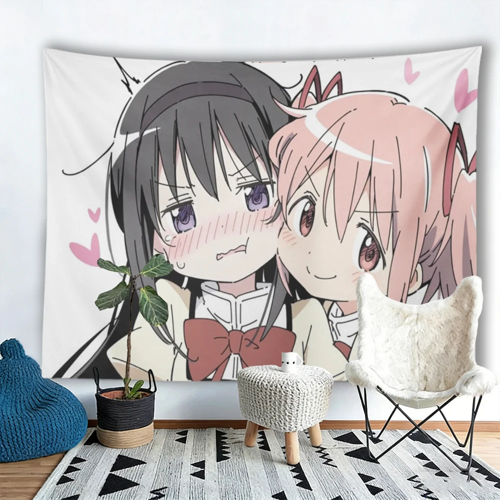 Cute Magical Girl Anime Girls Tapestry Kawaii Blushing Best Friends Wall Hanging Aesthetic Room Decor for Bedroom Dorm