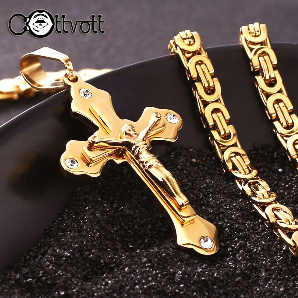 Gold Color Stainless Steel Chain Crystal Jesus Cross Pendant Necklaces Link Chains Men Necklace Chain Long gouden ketting MN69