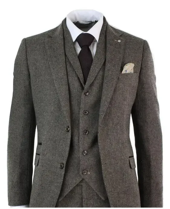 Grey Brown Tweed Men Suit Prom Tuxedo Slim Fit Groom Jacket Custom 3 Piece Blazer Sets Terno Masculino Traje Americana Hombre