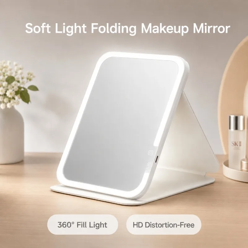 Foldable LED Makeup Mirror with Smart Touch Control and Three-color Soft Light Portable Cosmetic Mirror for Travel and Desktop