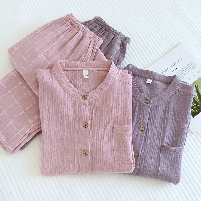 Womens 2-Piece Pajama Set - Minimalist Style Sleepwear, Double Gauze Cotton Long Sleeve & Relaxed Fit, Lightweight & Breathable