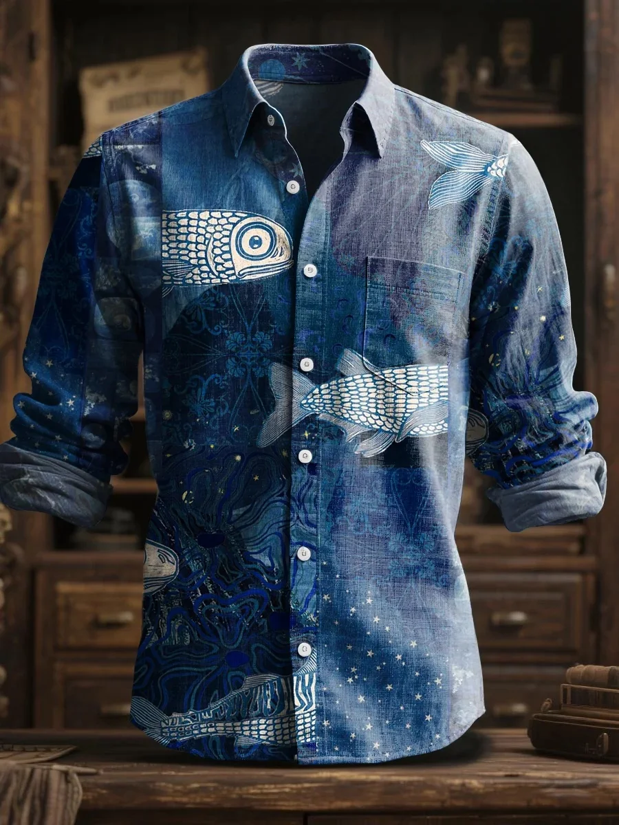 

New 3D retro print fish pattern shirt, with a comfortable and breathable collar design. A casual long-sleeved shirt top. Fast sh