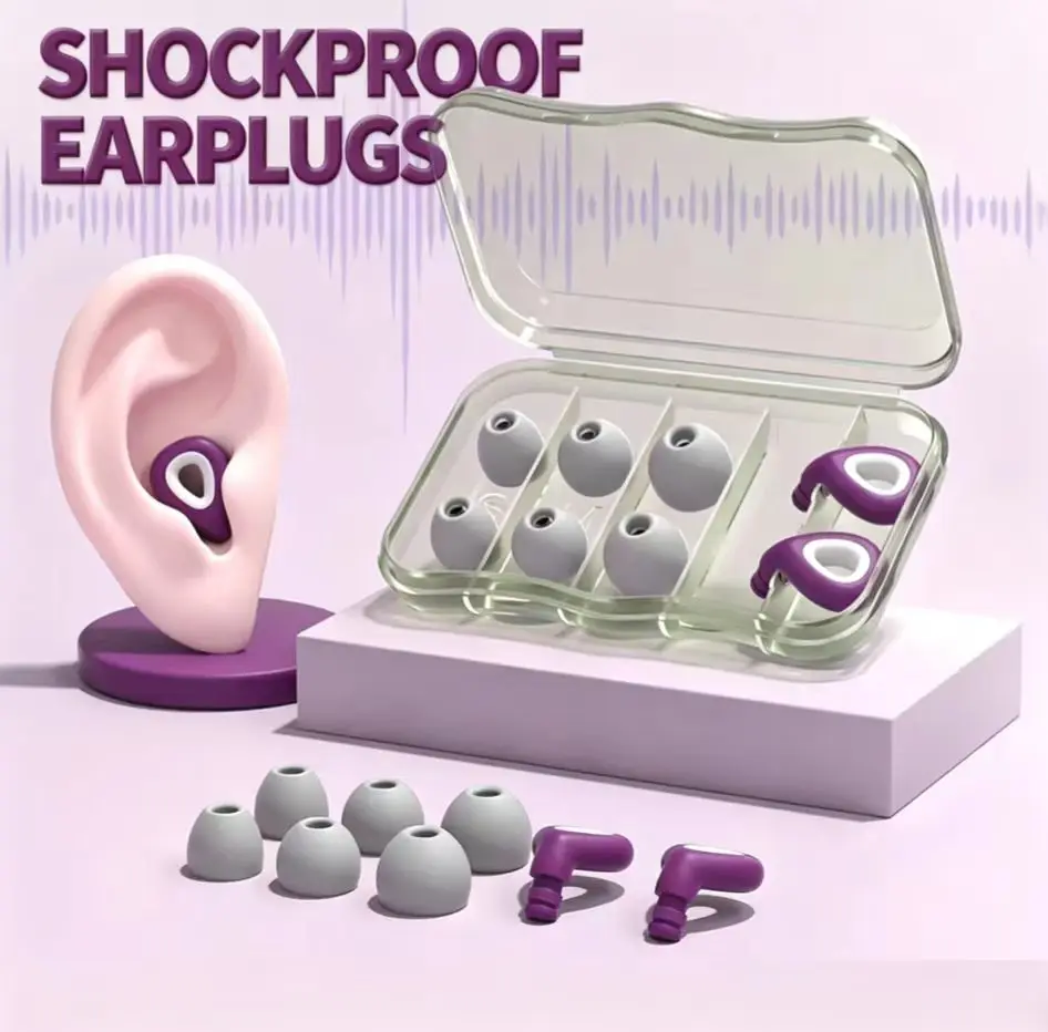 ES300-Soft Silicone Noise Reduction Earplugs Reusable Washable S/M/L Replaceable Ear Tips for Sleeping Study Travel