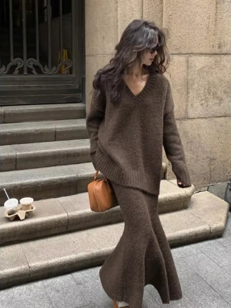 Pullover Knitted Pullover Skirt Korean Fashion 2-piece Set Knitted Sweater Set Skirt Women Winter V-neck Vintage 2 Piece Suits