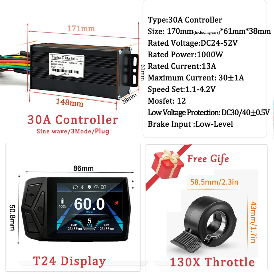Ebike 24V/36V/48V/52V learning function sine wave controller and T24 display combination suitable for 350W-5000W motors image 9