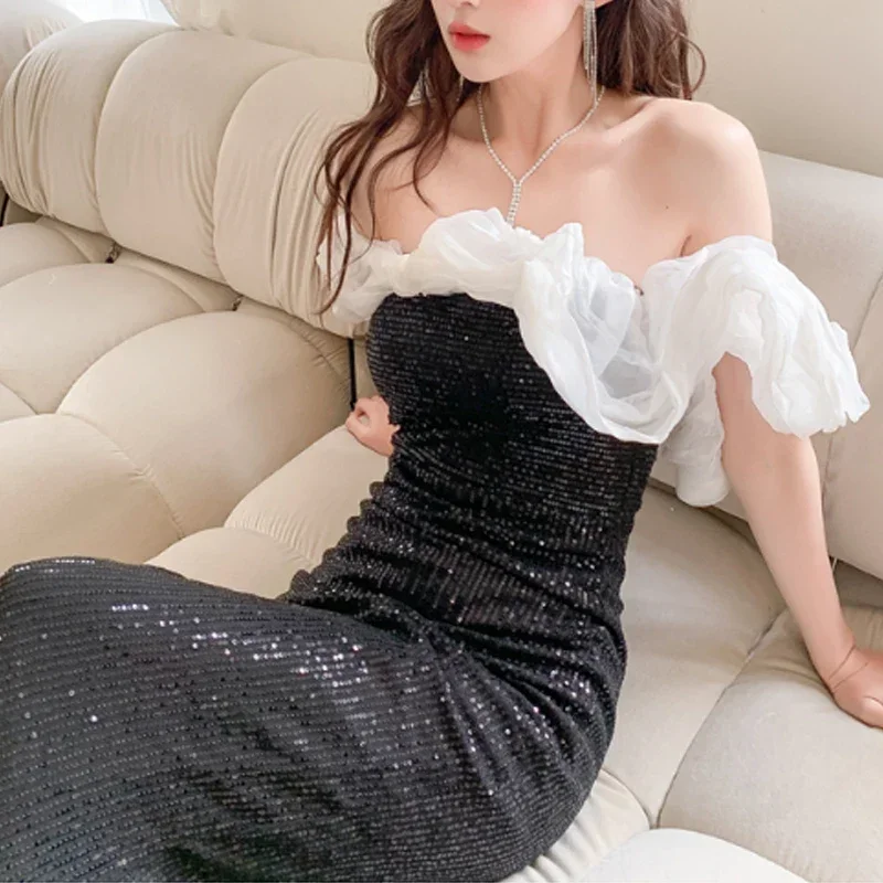 

Новое элегантное платье макси, вечерняя летняя уличная одежда, черные платья с вышивкой и пайетками, вечерние женские платья с разрезом на шее, винтажная одежда