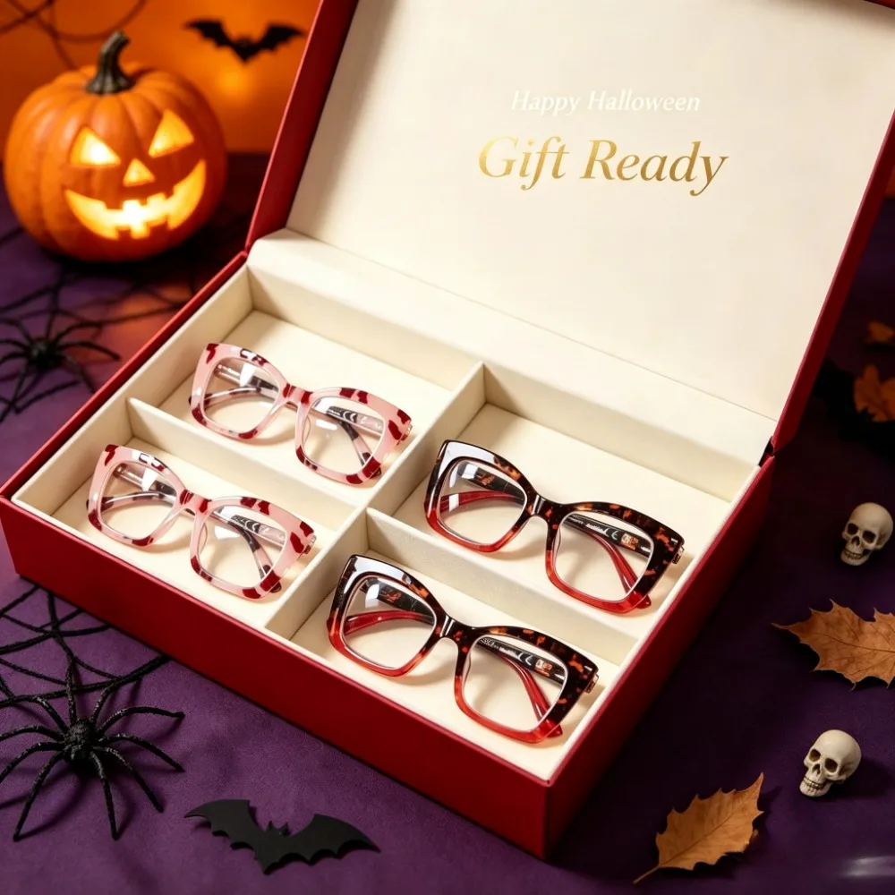 4 Pieces of Retro Square Reading Glasses - Photochromic Lenses Are Automatically Colored, Metal Hinges, Unisex, Visual Support, Fashion Frame, Christmas and Halloween Gift Recommendation, Random Color