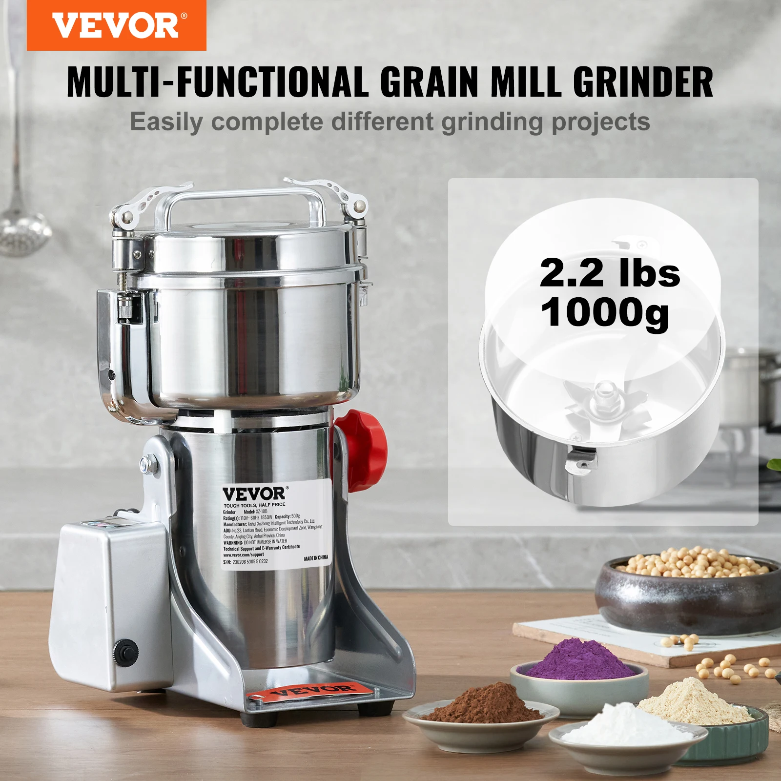 VEVOR 1/2.5KG Commercial Electric Swing Type Grain Mill Grinder,Stainless Steel Pulverizer Powder Machine, for Dry Herbs Grains