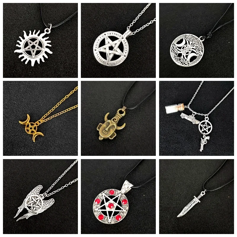 Supernatural Necklace Dean Sam Angel Castiel Wing Pentacle Pentagram License Plate Amulet Pendant Women Men Statement Necklaces