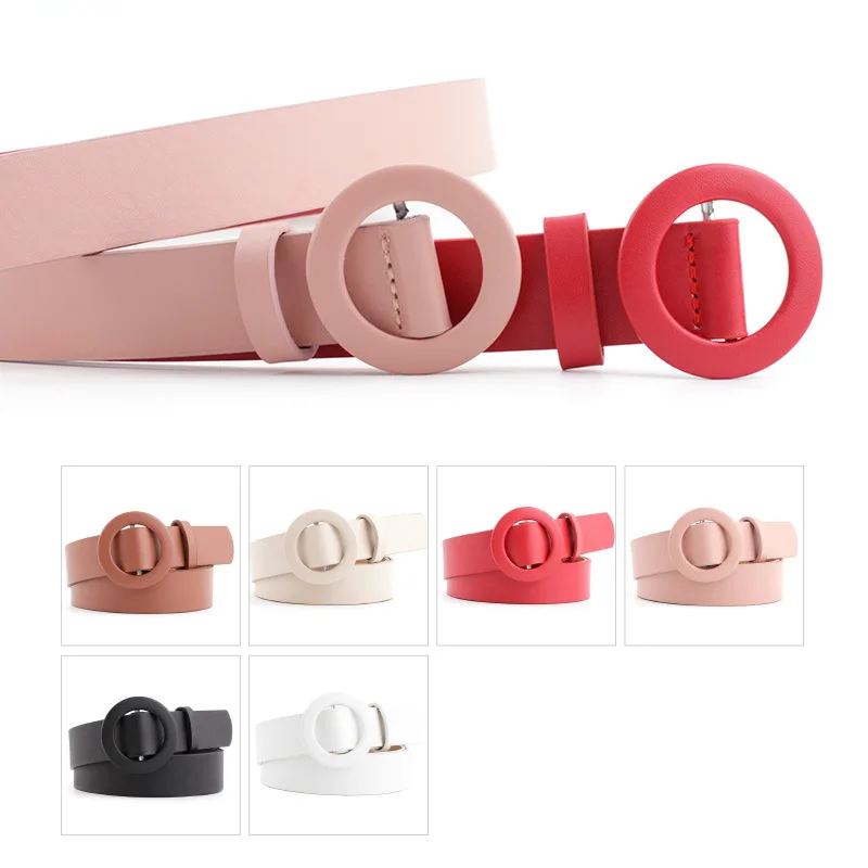 2023 Design New Solid Color Women Bare Belt Fashionable Round Buckle Needless Punch free All Decorative Fashion Pink White