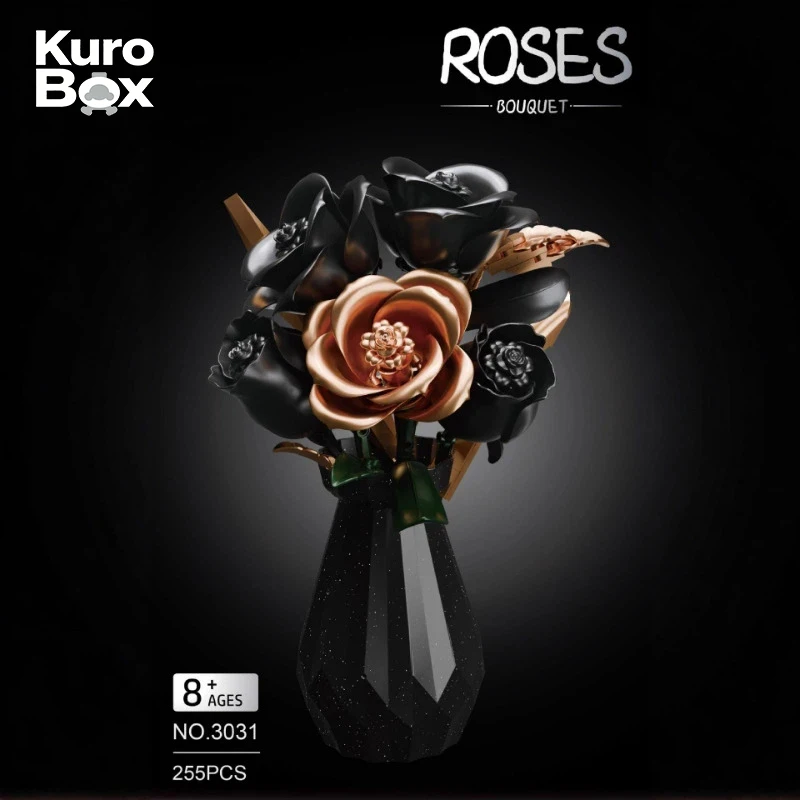 

2026 New Black & White Rose Building Block Bouquet with Vase Assembly Toy Home Decor Ornament Desk Decor DIY Gift for Children