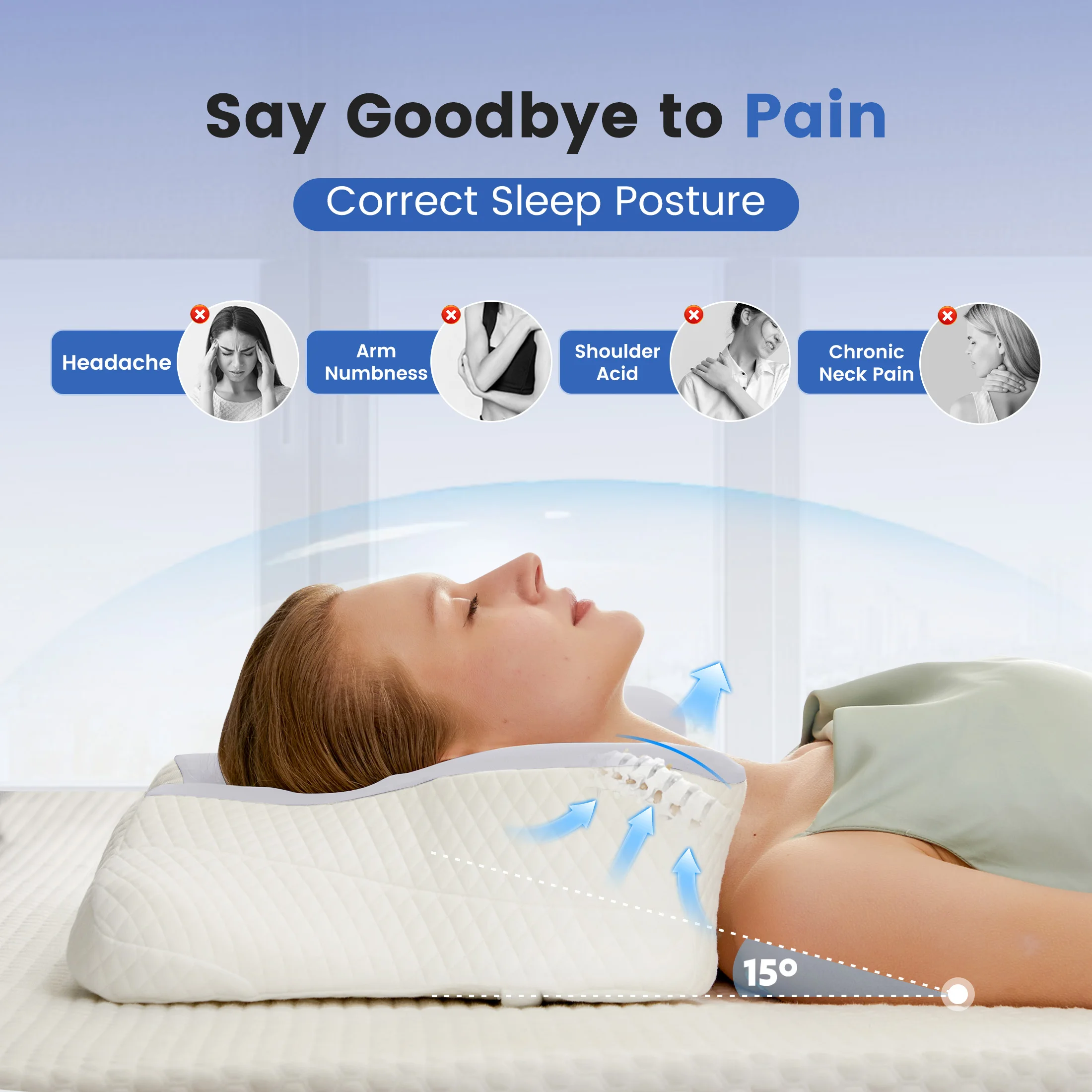 JHK King Size Ergonomic Memory Foam Bed Pillow with Cooling Pillowcase Cervical Contour Pillows For Back Stomach Sleepers - view 3