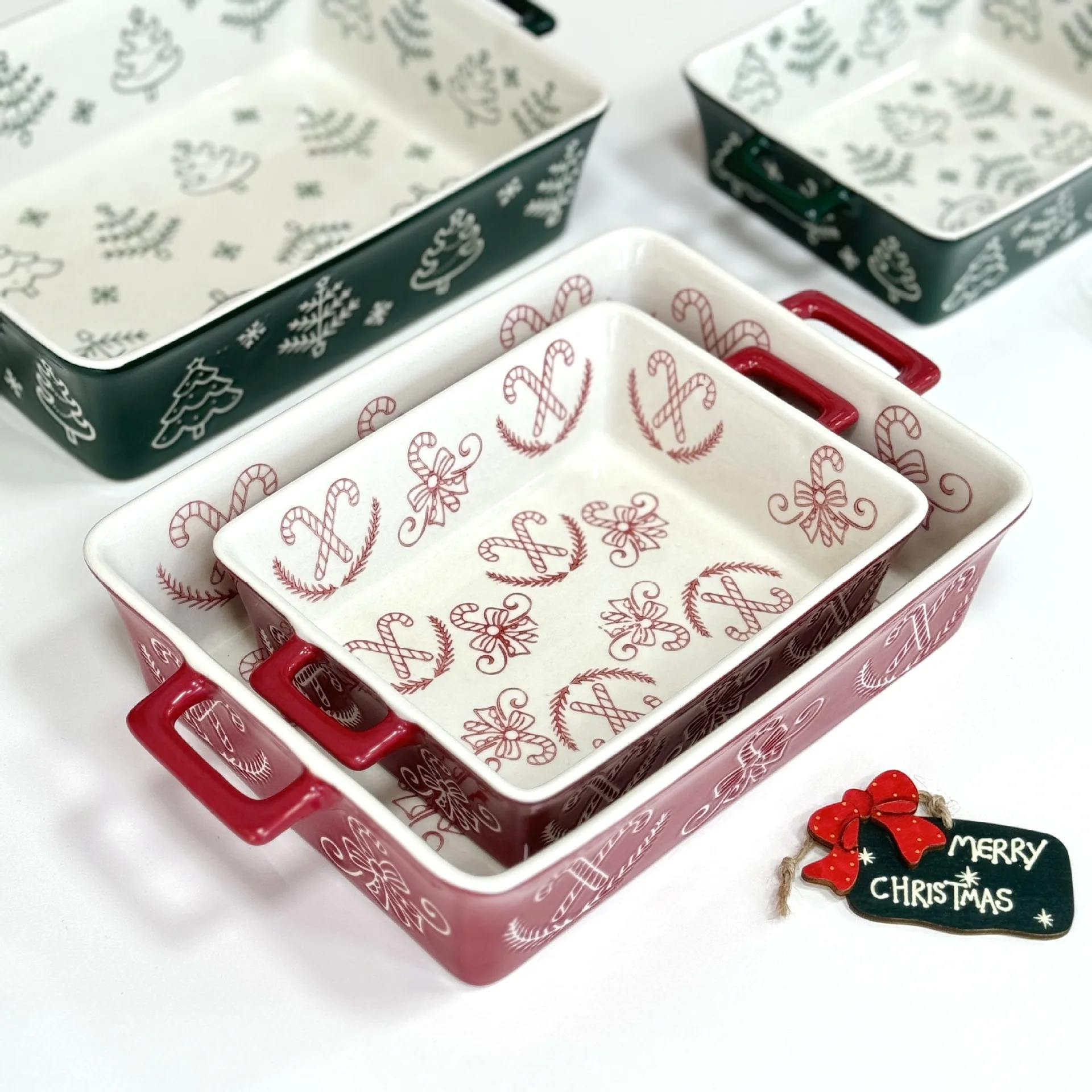 

Christmas Square Baking Dish Microwave Safe Ceramic Plate Set with Handles European Style