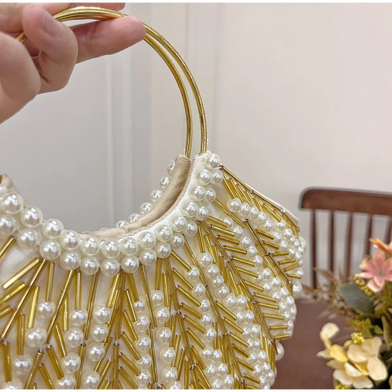 French Vintage Pearl Woven Handbag Round Metal Top Handle Design Women's Elegant Luxury Golden Evening Bag Stylish Shell Clutch