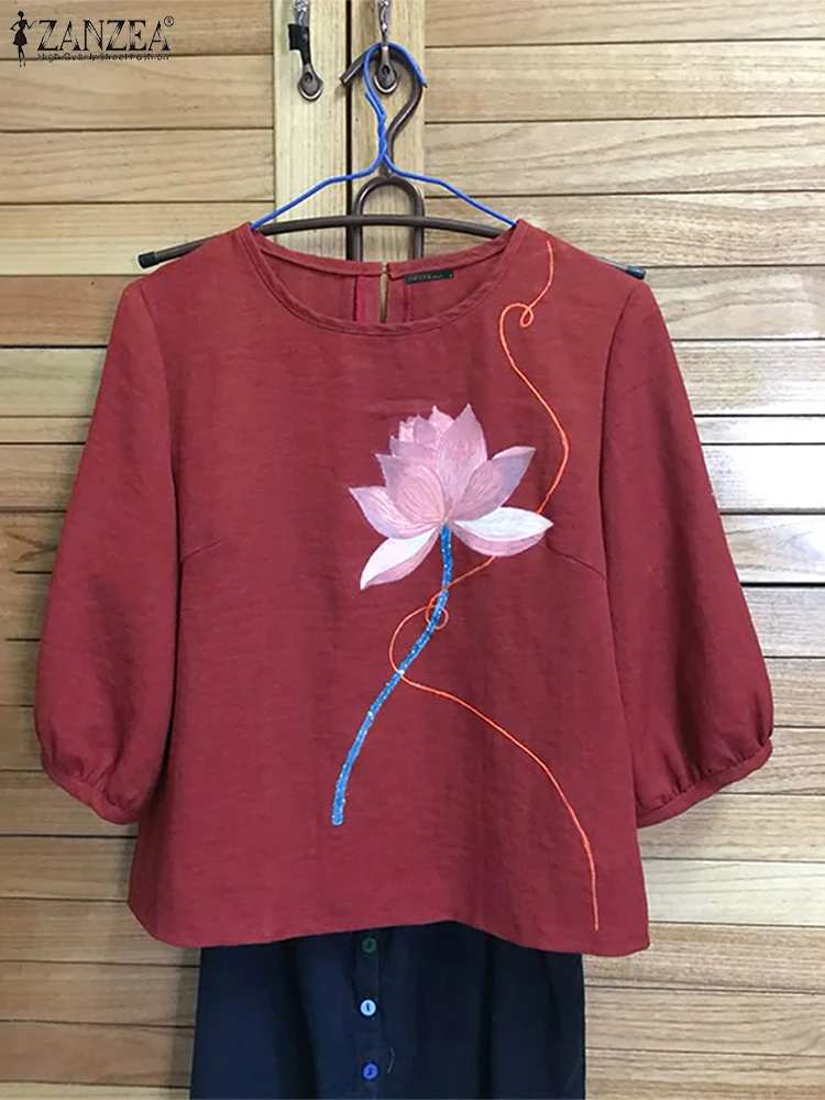 

ZANZEA Floral Printed Blouses Women Casual 3/4 Sleeve Tops Pullover Summer O Neck Blusas 2025 Fashion Vintage Tunic Oversized