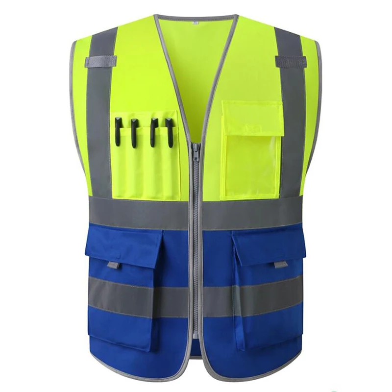 Two Tone Hi Vis Vest With Pockets Yellow Blue Reflective Safety Vest Workwear Work for Cycling Runner Surveyor Volunteer Road