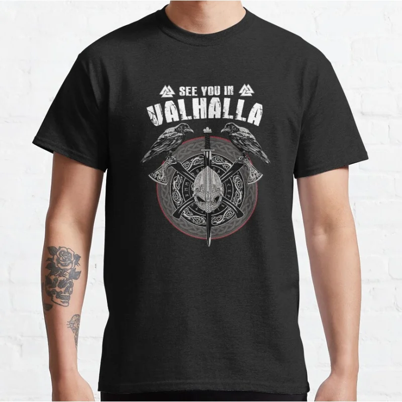 

Valhalla Odin design with Huggin and Muninn and axehelmet t shirt Son Of Odin print tee Walhalla Graphic clothes Large size tops