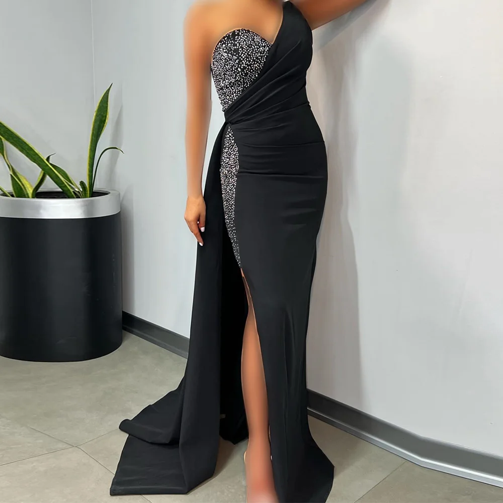 Straight Sweetheart One Shoulder Satin Sleeveless Front Slit Photo Color Exquisite Evening Dresses Panel Train Crystal Pleats