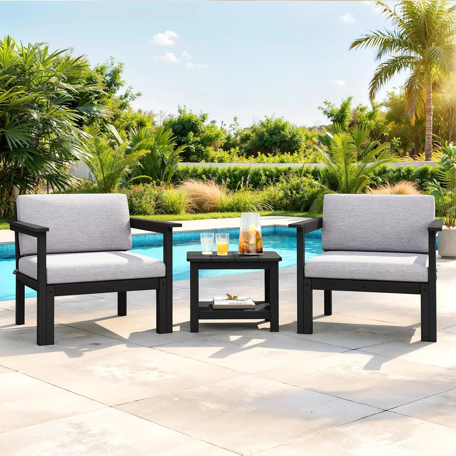 Modular Patio Set, 3-Piece HIPS Chair with Side Table & Cushion, Interlock & Detachable Armrest, All-Weather   Customized