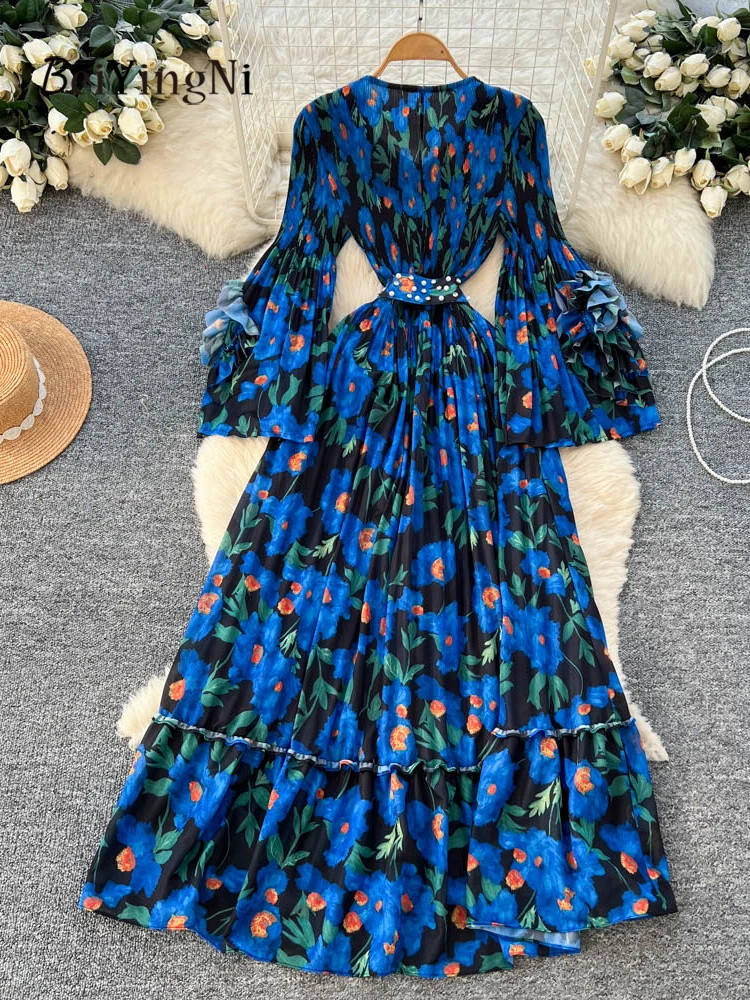 Beiyingni Lente Zomer Vakantie Maxi Jurk Vrouwen Bloemen Gedrukt Vrouwelijke Flare Mouw Geplooide Lange Mouw Jurken Pendelen Senior