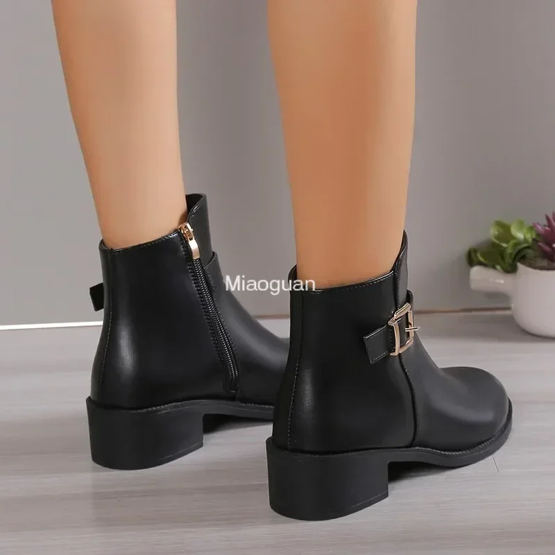 Short Belt Buckle Side Zipper 2025 New Thick Heeled with Plush Thickened Women's Boots British Style Fashion Boots Casual Shoes image 5