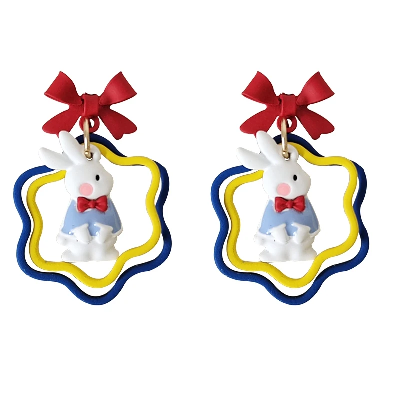 925 Silver Needle Cute Jewelry Bownot Little Rabbit Earrings New Trend Lovely Blue Yellow Drop Earrings For Women Accessories