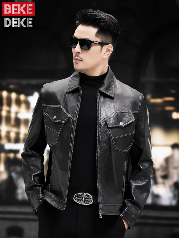 

Роскошная мужская куртка из натуральной козьей кожи, мотоциклетные куртки из натуральной кожи, осеннее пальто с воротником с лацканами, тонкое дизайнерское пальто, стильная короткая верхняя одежда