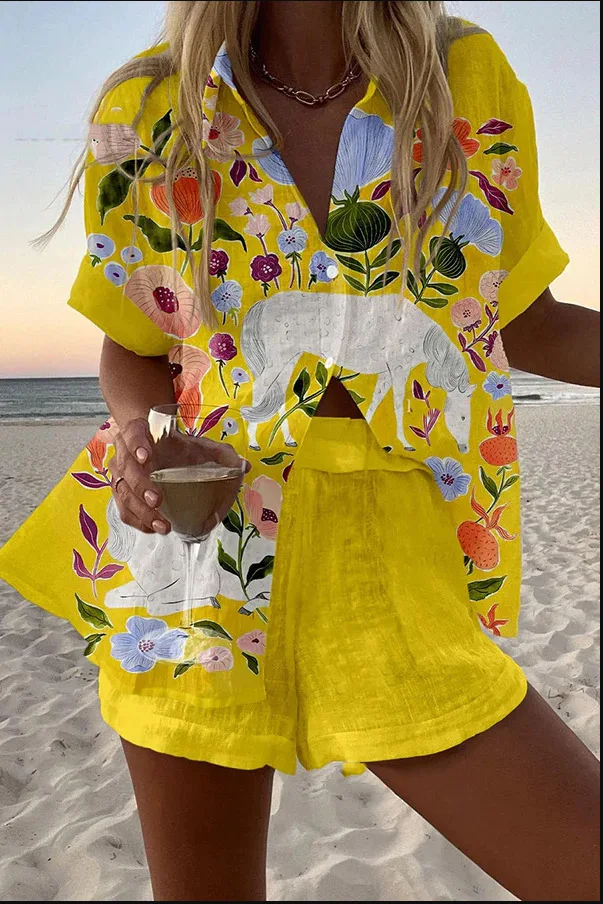

Summer 3D Simple Fashion Printed Women's Wear Hawaiian Beach Vacation Style Short Sleeve Shirt Shorts Casual Two Piece Set