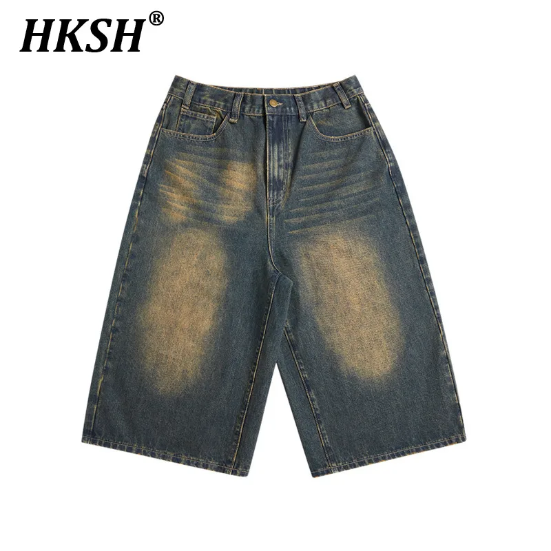 

HKSH Spring Summer New High Street Men's Tide Yellow Mud Denim Wide Leg Capris Fashion Vintage American Chic Shorts Wide HK1109