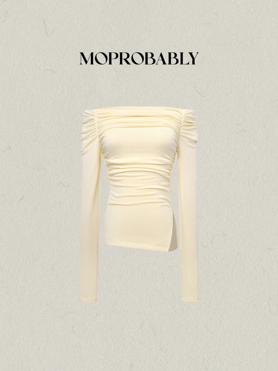 

Футболка с длинным рукавом, драпировкой на плечах и плиссированным дизайном, из смеси лиоцелла и шерсти, комфортная посадка, повседневный стиль для весенней моды