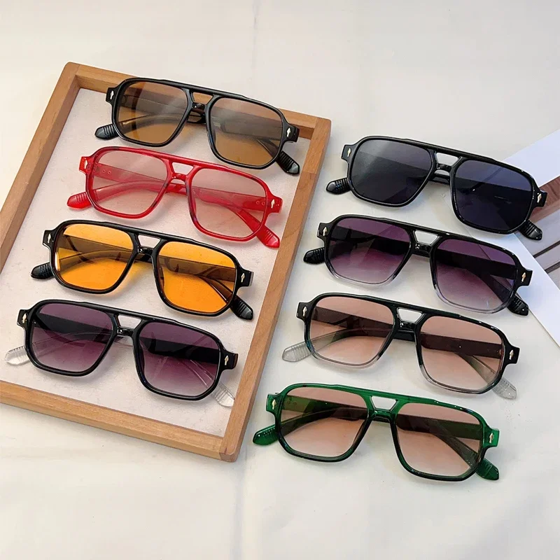 KAMMPT Vintage Rectagnle Sunglasses Men Fashion Double Bridge Square Candy Color Rim Shades Women Chic Korean Style Sun Glasses